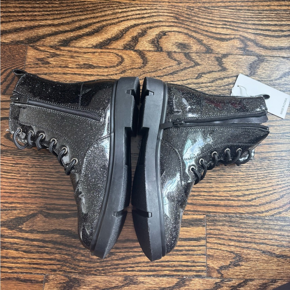 Dadawen Black Glitter Combat Boots Kids Ankle Glossy Black Glitter Boots Size 3 - Picture 3 of 6